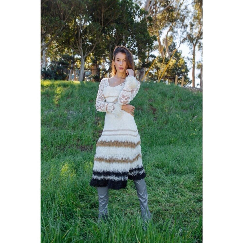 NWT Andreeva Brown Sundown Handmade Knit Midi Dress in Cream Multi Size M